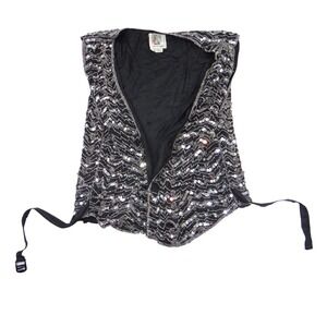 Vintage B'way Rose Vintage 100% Silk Beaded Sequin Vest Black Silver Chevron-ish